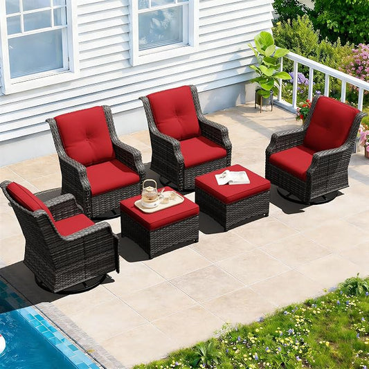 Outdoor Patio Furniture Set, 6 Piece Wicker Patio Furniture with Thick Cushions, Curved Armrest, Deep Seating, Outdoor Swivel Rocker Chairs for Porch, Deck, Balcony
