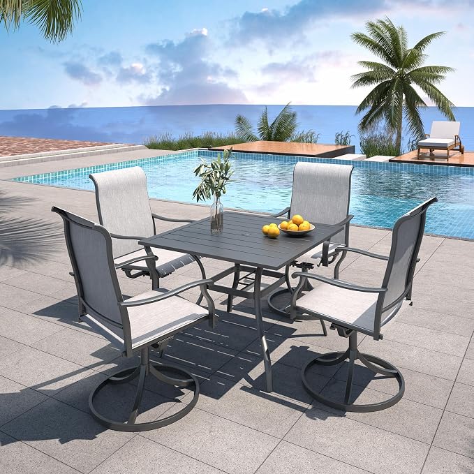 Patio Dining Set 5, Outdoor 35" Square Table and Gray Swivel Chairs Style1 | High Back, Retro Armrest, Textilene Fabric, All Weather, Rocking, Swivel Chairs, 35'' Square Table, Metal Top and Frame
