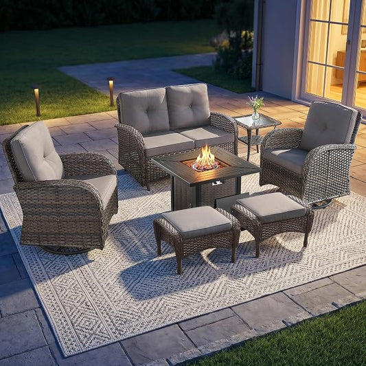 7 Piece Patio Furniture Set with Fire Pit Table - Wicker Patio Conversation Set with Swivel Glider, Glider Loveseat, Side Table and 2 Ottomans for Deck Backyard - Brown Wicker Grey Cushion