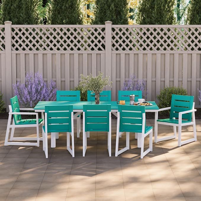 WestinTrends Cape May 9-Piece HDPE Outdoor Furniture Patio Dining Table with Umbrella Hole and Chairs Set for 8, Turquoise