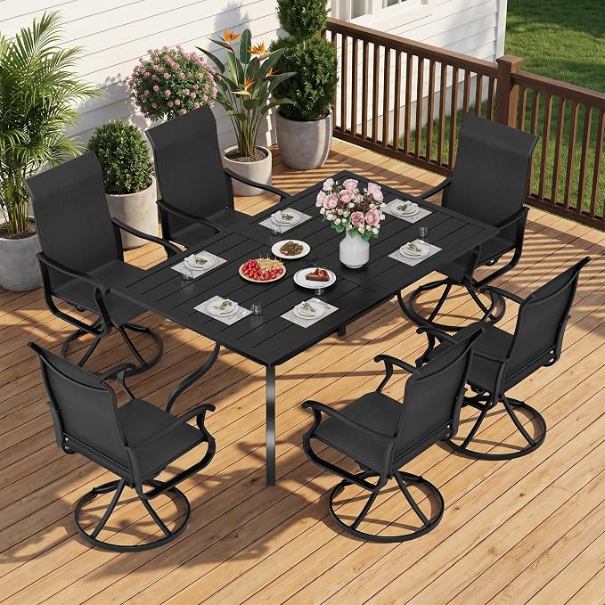 Crownland 7 Piece Furniture Patio Dining Set, 6 Swivel Metal Chairs and Rectangular Outdoor Dining Table with 1.57" Umbrella Hole, Outdoor Furniture Dining Set for Lawn, Backyard, Garden(Black)