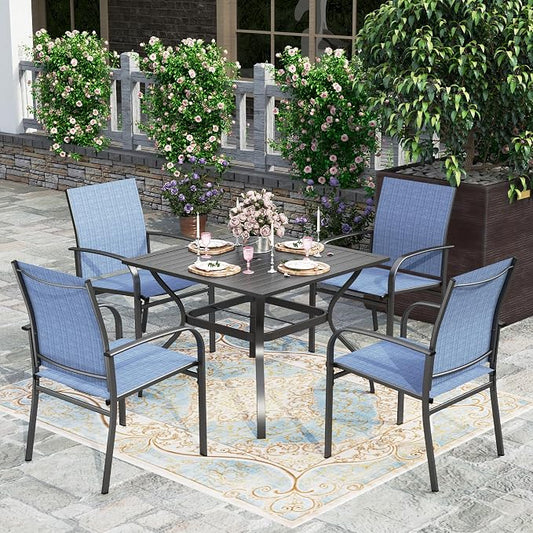 HERA'S HOUSE 5pc Patio Dining Set for 4, Outdoor Metal Table & Blue Chairs | Textilene chairs + 37" square table with umbrella hole. Waterproof, rust-resistant, all-weather for backyard, porch