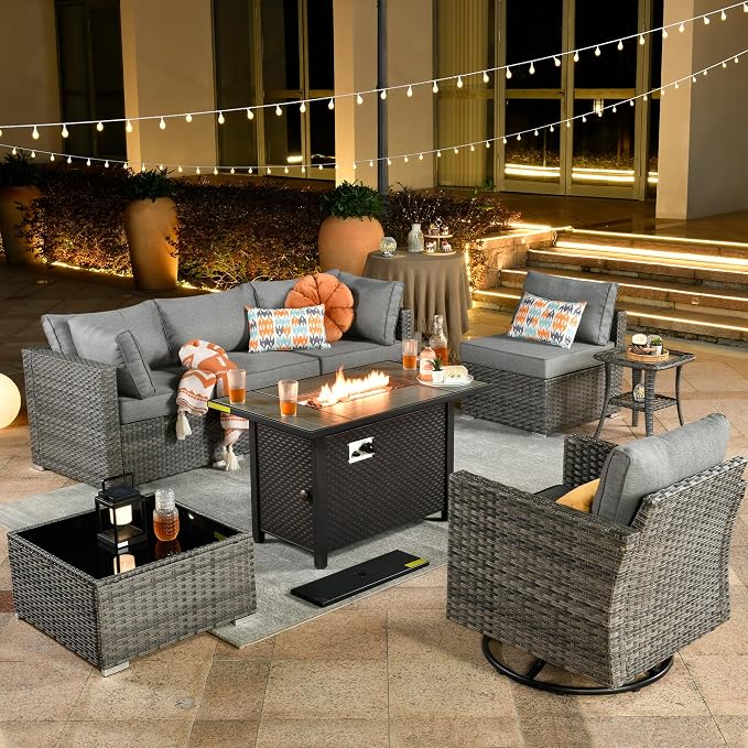Weaxty 8 Piece Outdoor Sectional with Fire Pit Table, All Weather Wicker Patio Furniture Set with Swivel Rocker Chair Coffee Table, Thick Cushion Couch Conversation Sets for Garden Deck Backyard Gray