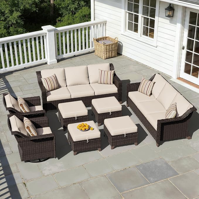 8 Pieces Patio Conversation Furniture Set - 2 Sofas, 4 Ottomans, 2 Swivel Chairs, 1 Side Table, Outdoor Wicker Furniture with Removable Cushions for Porch, Balcony, Sunroom (Beige)