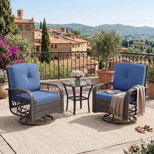IDEALHOUSE 3-Piece Outdoor Patio Furniture Set, Wicker Swivel Rocking Chairs with Thick Cushions and Glass Coffee Table, Backyard & Garden Bistro Rocker Set, Grey+Blue Cushion