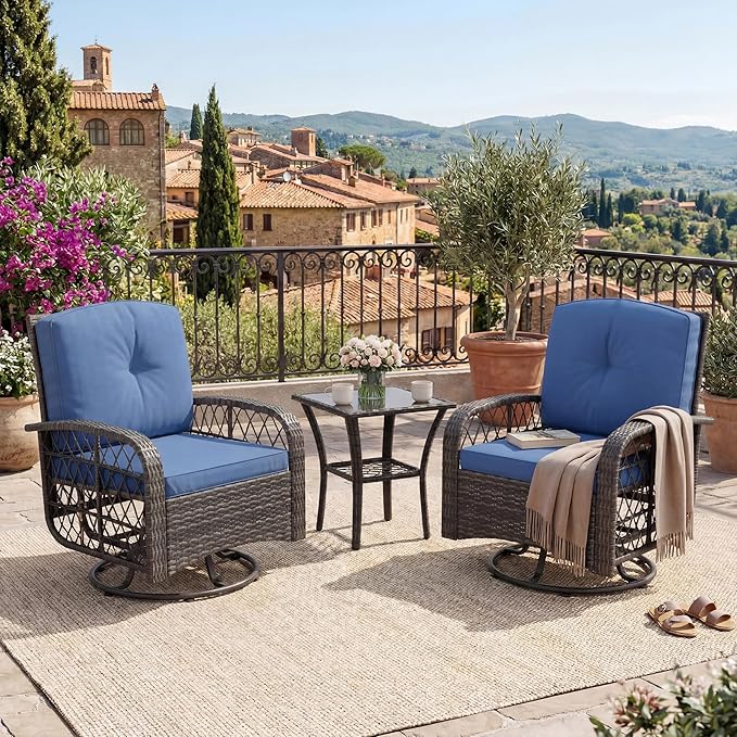 GarveeHome Outdoor Swivel Rocker Chairs, 3-Piece Patio Set with Thick Cushions & High Back Support, Includes 2 Wicker Chairs & 1 Side Table for Deck, Porch, Backyard (Gray Wicker & Blue Cushions)