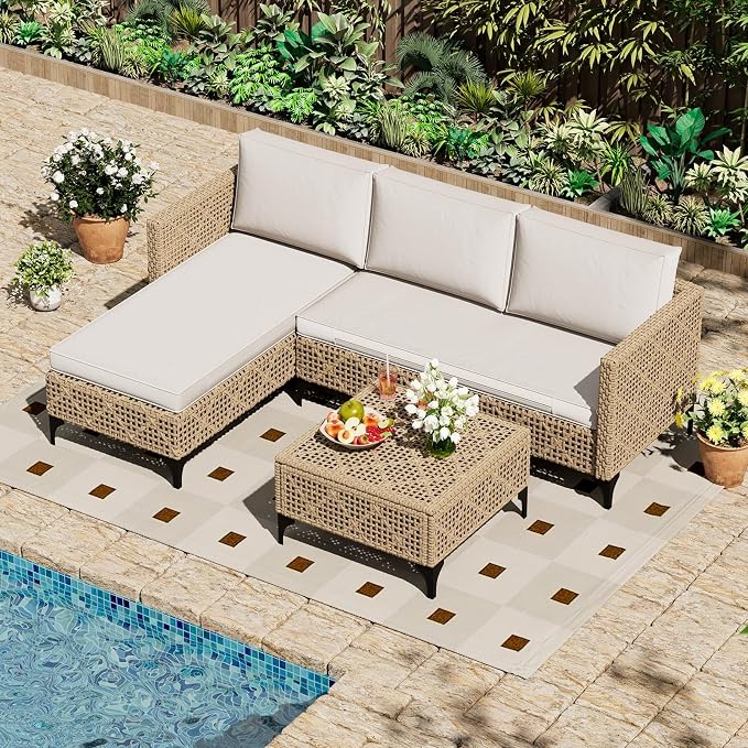 U-MAX 3-Piece Outdoor Patio Furniture Set, Wicker Rattan Conversation Sofa Set with Cushions and Coffee Table, Brown