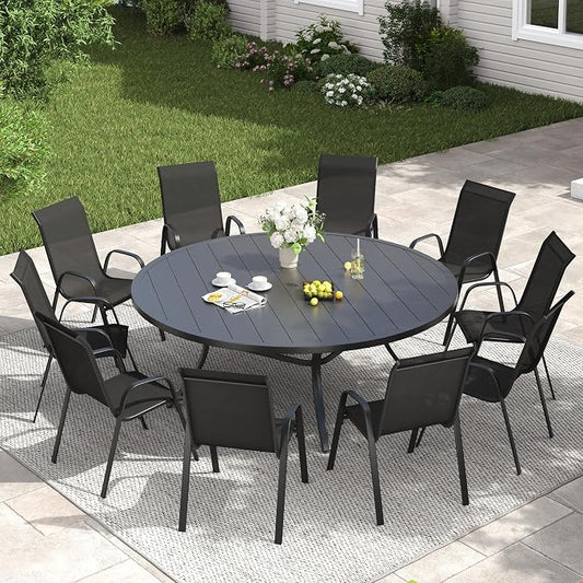 VICLLAX Outdoor Dining Set for 10, All Weather Metal 11 Pieces Patio Set-63 Round Outdoor Table and Stackable Chairs for Lawn Garden and Backyard, Black Tabletop