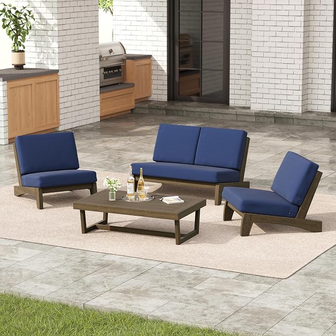 4 Pieces Patio Furniture Sets, All-Weather Outdoor Wood Bistro Set Patio Conversation Coffee Table Chiars and Patio Loveseat for Balcony, Backyard