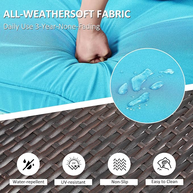 ANJ Outdoor Wicker Patio Chairs Set of 2, Modular Armless Patio Seating with Thick Cushions, All-Weather Rattan Conversation Chair Set for Porch, Balcony, Garden, Backyard, Dark Brown Wicker-Turquoise
