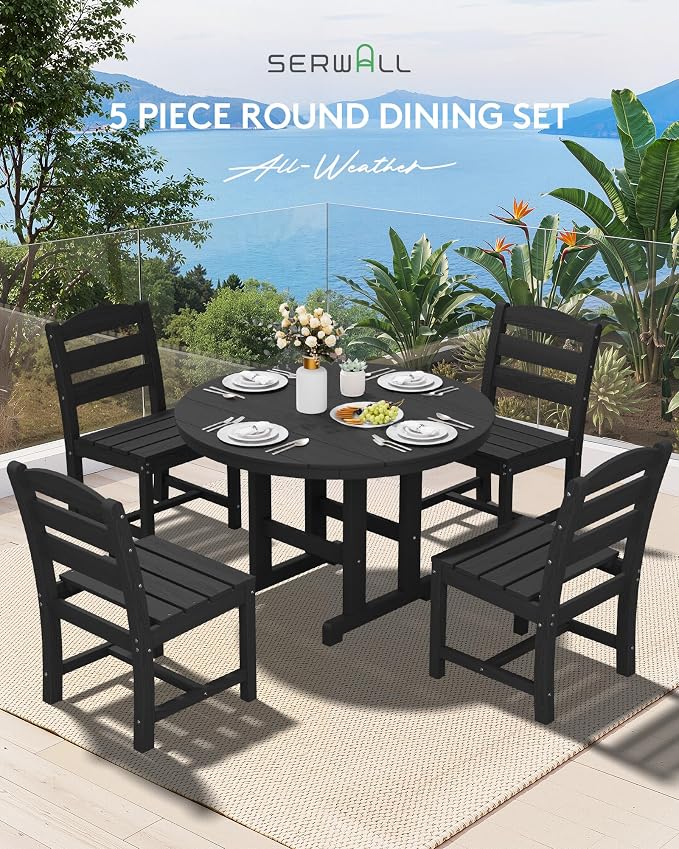 SERWALL 5-Piece Outdoor Round Dining Sets, HDPE Patio Table and Chairs Furniture Set, 45" Round Dining Table and 4 Armless Dining Chairs, Black