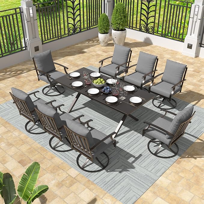 Gotland 9 Piece Outdoor Dining Set, Metal Outdoor Table and Swivel Chairs with X-Shaped Legs 1.5" Umbrella Hole, Patio Furniture Set with Waterproof Cushions, Patio Dining Sets for Backyard Deck Gray