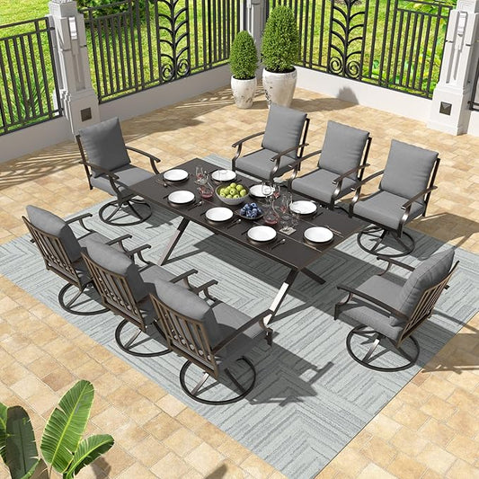 Gotland 9 Piece Outdoor Dining Set, Metal Outdoor Table and Swivel Chairs with X-Shaped Legs 1.5" Umbrella Hole, Patio Furniture Set with Waterproof Cushions, Patio Dining Sets for Backyard Deck Gray