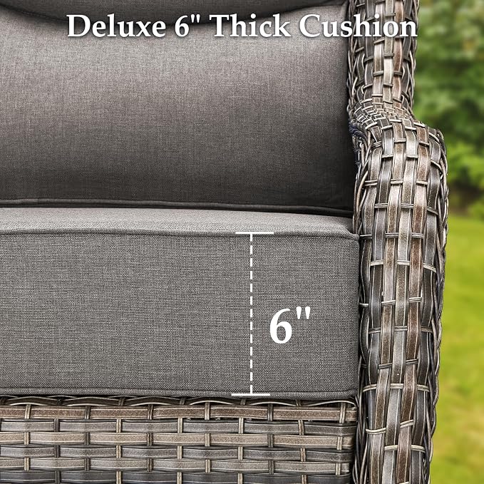 Luxury Outdoor Patio Furniture Set-Wicker High Backrest 3-Seat Patio Sofa with Comfy 6" Cushion, Rattan Couch with Deep Seat All-Weather Patio Conversation Set for Deck Backyard Garden(Grey/Grey)