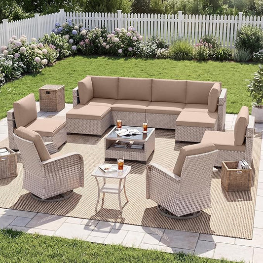 Patio Furniture Set, 12-Piece Outdoor Sectional Sofa with Swivel Rocker Chairs & Ottomans, Wicker Patio Conversation Set with Coffee Table, Khaki Cushions