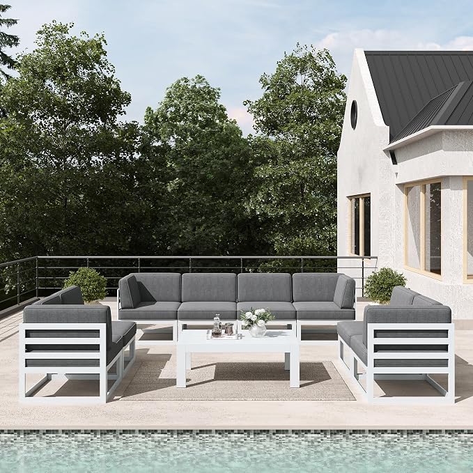 LayinSun 9 Pieces Modern Aluminum Patio Furniture Set with Coffee Table, Outdoor Modular Sectional Conversation Set L-Shaped Sofa for Backyard
