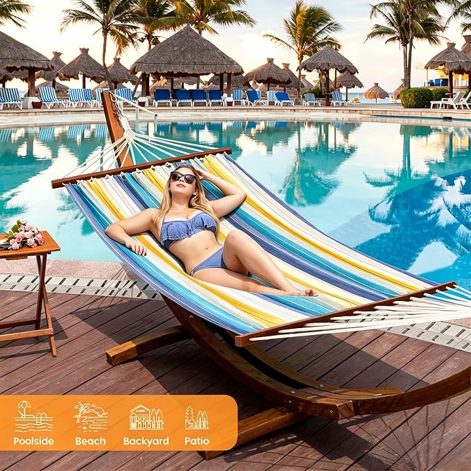 Lazy Daze Hammocks Cotton Fabric Spreader Bar Hammock and 10.5 Ft Wood Arc Hammock Stand Combo, for Outdoor, Indoor, Patio, Backyard, Blue and Yellow