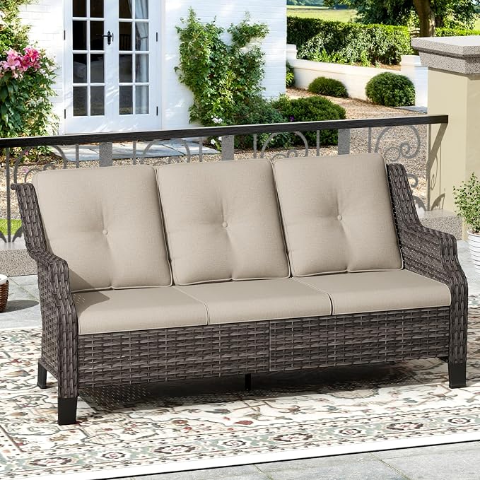 Outdoor Patio Sofa Wicker 3 Seater Sofa, Rattan Couch with Deep Seat and Olefin Cushions, High Backrest, All-Weather for Balcony, Deck, Backyard