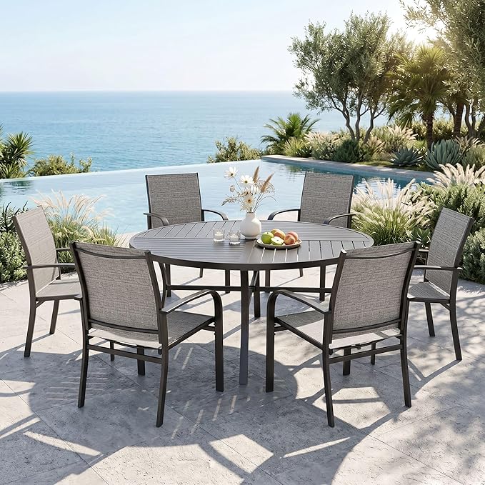 MIXPATIO 7 Pieces Outdoor Table and Chairs, Patio Dining Set for 6, 54" Round Metal Table and 6 Brown Chairs, Outdoor Dining Furniture Set for Lawn Backyard Deck