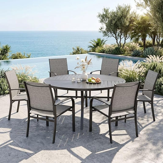 MIXPATIO 7 Pieces Outdoor Table and Chairs, Patio Dining Set for 6, 54" Round Metal Table and 6 Brown Chairs, Outdoor Dining Furniture Set for Lawn Backyard Deck