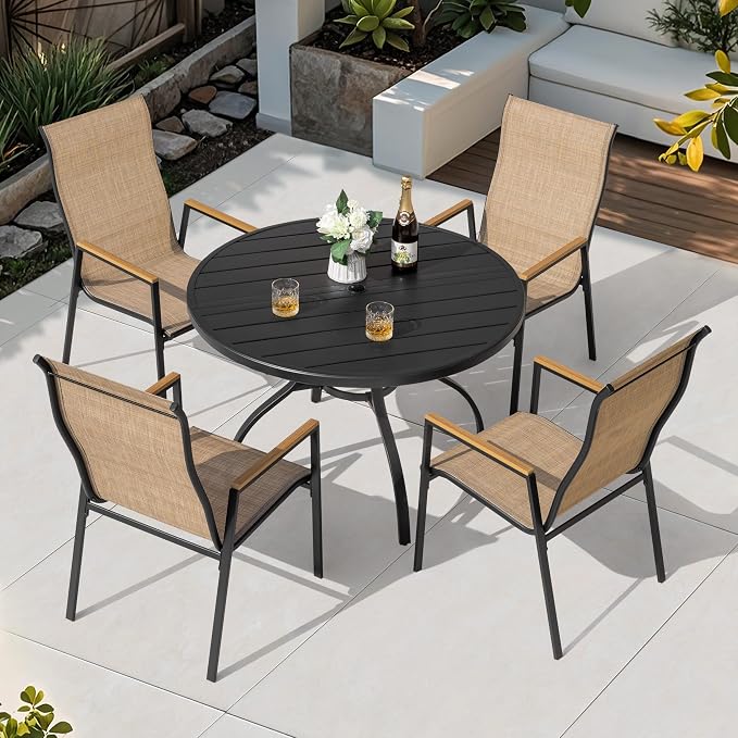 NUU GARDEN 5-Piece Patio Dining Set with Umbrella Hole, Stackable Textilene Chairs with High Back and Faux Wood Armrests, All-Weather Outdoor Dining Set Patio Furniture Set, Black and Khaki