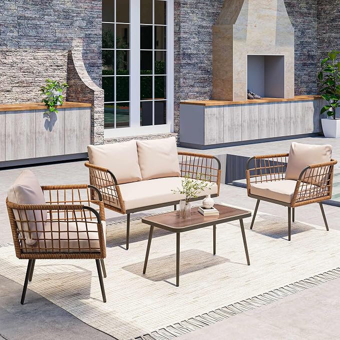 LAUSAINT HOME 4 Pieces Outdoor Patio Furniture Set, Rattan Balcony Furniture with Coffee Table, Patio Conversation Set with Soft Cushions for Patio, Porch, Balcony and Backyard