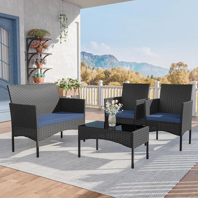 Kurapika Patio Furniture Set 4 Pieces Outdoor Wicker Rattan Chairs Conversation Sets w/Coffee Table, Rocking Bistro Set, for Patio Lawn Backyard (Navy Blue)