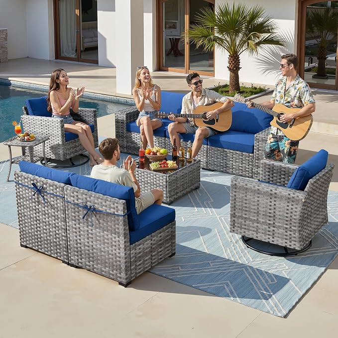 9-Piece Patio Furniture Set, Outdoor Wicker Furniture Sectional Set with Coffee Table, High Back Swivel Rocker Patio Chairs, Modern Rattan Outdoor Conversation Set for Porch, Balcony, Navy Blue