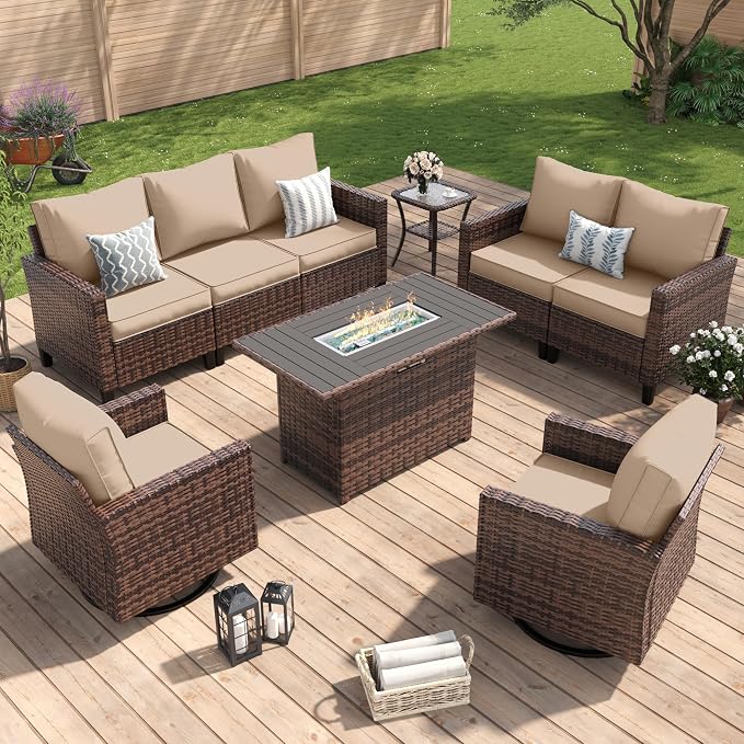 Amopatio Patio Furniture Set with Fire Pit Table, Wicker Outdoor Sectional Sofa with Swivel Rocker Chairs, All-Weather Rattan Conversation Set, Waterproof Cover for Backyard, Deck Brown/Khak 6 PCS
