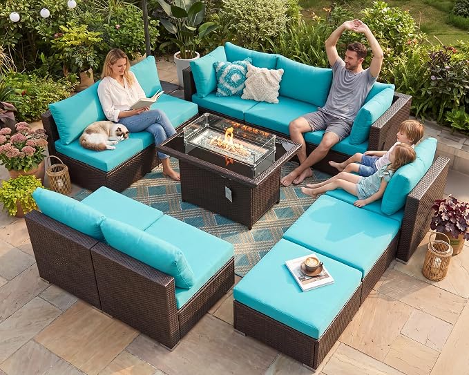 BULEXYARD 11 Piece High Back Outdoor Furniture Set with Firepit, Cozy Patio Conversation Set with Ottoman Modular, Extra Wide Deep 10-Seats Sectional Couch Sofa for Yard, Brown Rattan & Teal Cushion