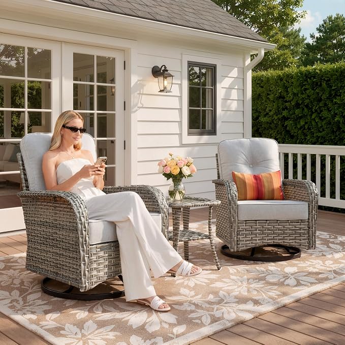 Outdoor Swivel Rocking Chair Set of 2 with Coffee Table, Wicker Patio Glider Chairs with 4 Inch Thick Cushions, 350lbs Capacity High Back Rattan Furniture Set for Sunroom and Small Spaces, Light Gray