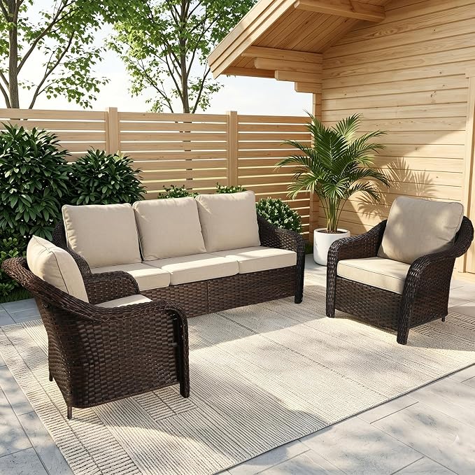 3 Piece Patio Wicker Conversation Set, All-Weather Use Outdoor Wicker Sofa with 2 PE Rattan Chair, Ideal for Porch, Backyard, Balcony, Poolside, Beige
