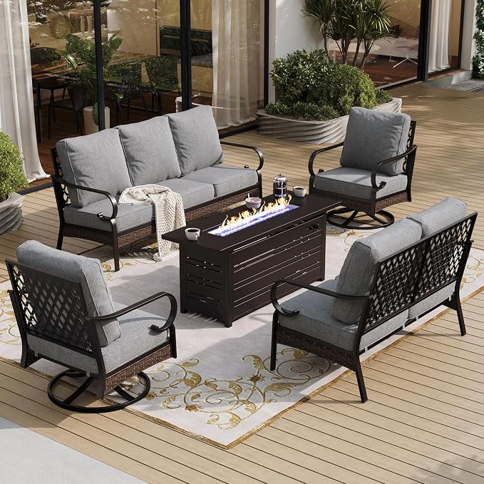 SUNSHINE VALLEY 5 Piece Metal Outdoor Patio Furniture Sets with Firepit Table, Patio Conversation Sets 1 3-Seater Sofa, 1 2-Seater Loveseat, 2 Swivel Chair with 5.75" Cushion for Backyard Deck, Gray