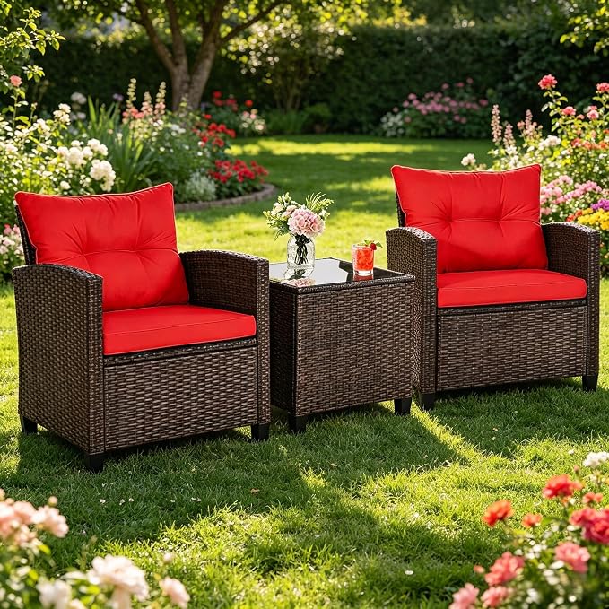 ORALNER 3 Pieces Patio Furniture Set, Outdoor Wicker Conversation Set Rattan Chairs with Cushions, Glass Coffee Table, Bistro Set for Front Porch Balcony Garden Deck Poolside (Red)