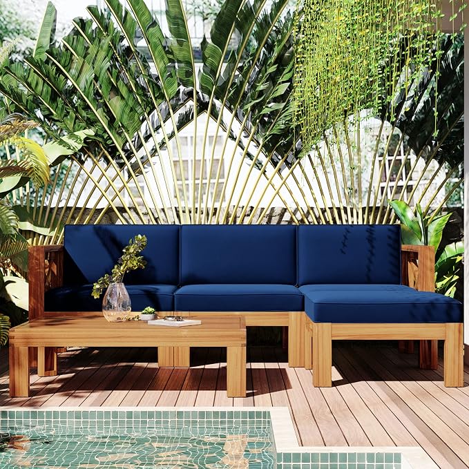 Acacia Wood 5-Piece Patio Sectional Sofa Set, All-Weather Outdoor Conversation Set, Corner Design Patio Set with Coffee Table and Updated Cushions for Backyard Porch Courtyard Poolside (Natural+Blue)