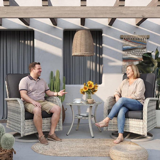 Patio Rocking Swivel Chair Outdoor Wicker Rattan Bistro Set with Tempered Glass Side Table, Outdoor Patio Furniture Set for Garden, Deck, and Balcony, Dark Grey