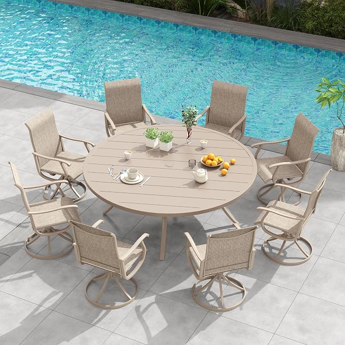 VICLLAX 9 Pieces Outdoor Patio Dining Set, 60" Round Wrought Iron Metal Outdoor Table with Umbrella Hole and 8 Swivel Textilene Chairs for Lawn,Garden,Porch,Sandshell
