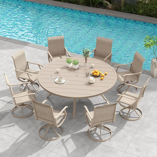 VICLLAX 9 Pieces Outdoor Patio Dining Set, 60" Round Wrought Iron Metal Outdoor Table with Umbrella Hole and 8 Swivel Textilene Chairs for Lawn,Garden,Porch,Sandshell