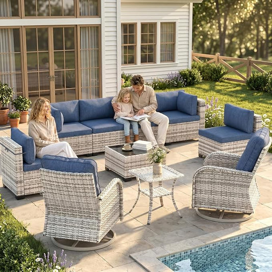 10-Piece Modern Patio Furniture Set with Swivel Chairs, Thick Cushions, Dual-Strand Wicker Rattan, Rust-Resistant Frame, Navy Blue