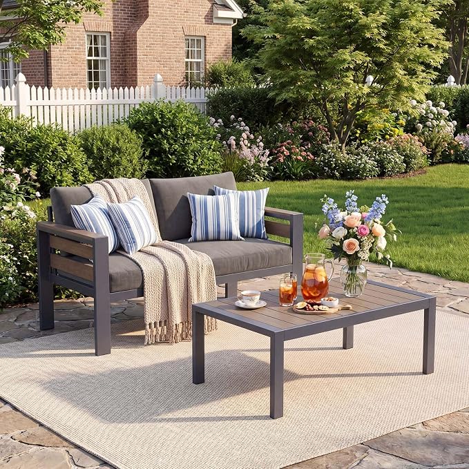 DoCred Aluminum Loveseat Sofa with Coffee Table for Patio Furniture Set | Patio Conversation Set Outdoor Sofa Set for Porch, Balcony, Deck, Yard, Poolside