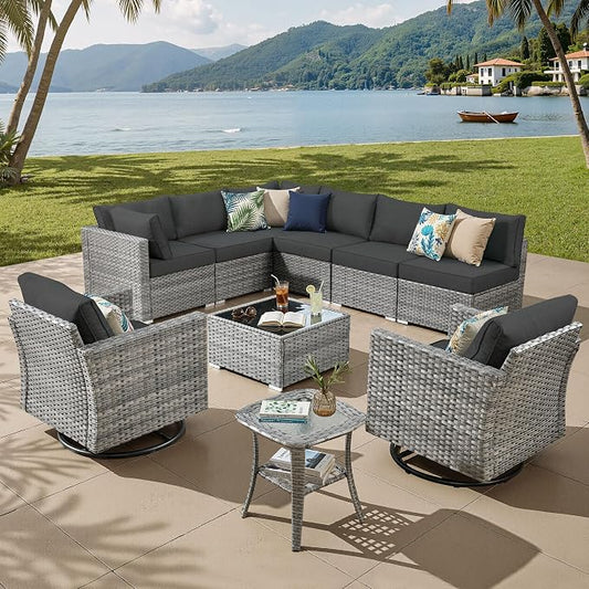ovios Outdoor 10 Piece Coversation Set with Swivel Rocking Chair,Sectional Patio Furniture Set with All-Weather Wicker Sofa,Modern Outside Couch for Balcony Backyard Pool, Black