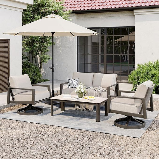 HAPPATIO Patio Conversation Set, 4-Piece Aluminum Oversized Patio Furniture Set with Rope Woven Backrest, 2 Swivel Chairs and Loveseat with Thick Cushion, Hand-Brushed Frame for Yard, Porch, Balcony