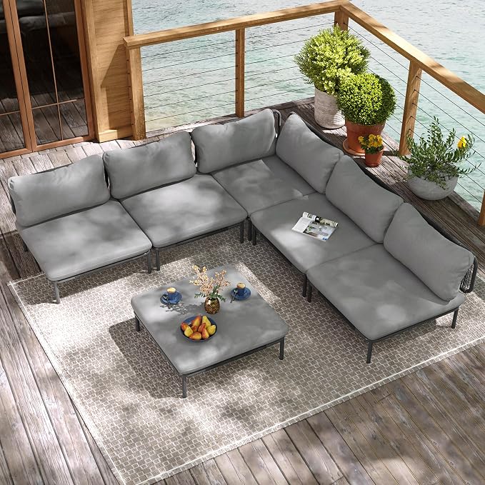 Ourdoor Furniture Set, Patio Furniture Oversized Metal Single Sofa, 6-seat Conversation Set with Cushion for Indoor and Outdoor, Black Frame and Dark Grey Mat (6 Seats 6 Armrests)