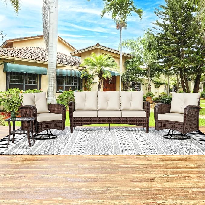 4 Pieces Patio Set, 73" Rattan Loveseat Sofa, Coffee Table, Wicker Swivel Glider Chairs, Cushion with Water Resistant Cover, Outdoor Conversation Furniture, Couch for Yard, Lawn (Beige)
