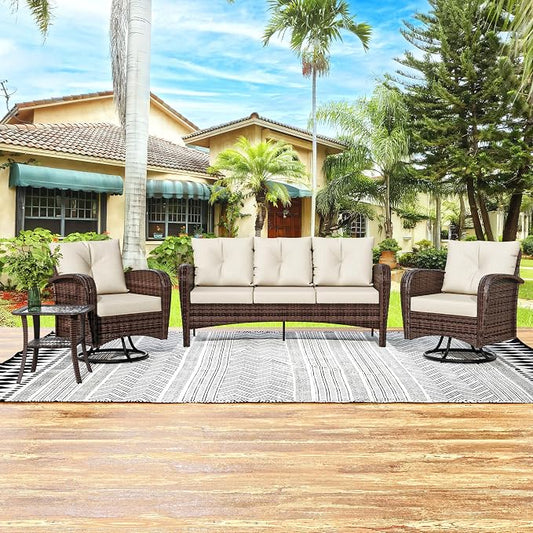 4 Pieces Patio Set, 73" Rattan Loveseat Sofa, Coffee Table, Wicker Swivel Glider Chairs, Cushion with Water Resistant Cover, Outdoor Conversation Furniture, Couch for Yard, Lawn (Beige)