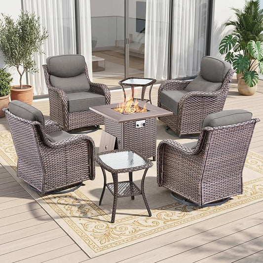 Luxury 7 Piece Wicker Patio Furniture Set with Swivel Rocker and 30“Fire Pit Table - Brown