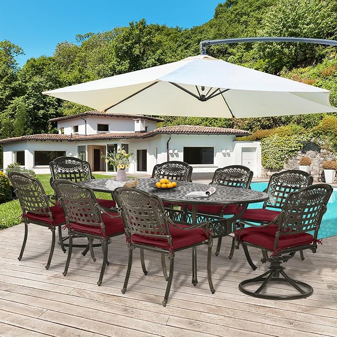9-Piece Patio Dining Set, Outdoor Patio Table and Chair Set of 84” Oval Cast Aluminum Dining Table with Umbrella Hole, 6 Stationary, 2 Swivel Rocker Chairs, Patio Funiture Set, Red