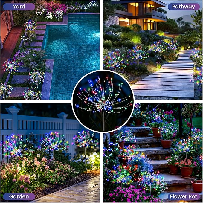 PEVOROS Solar Firework Fairy Garden Lights Outdoor, Colorful, 4 Pack | 120 LEDs, Waterproof, Fairy Garden Decor, Auto On/Off, Solar Powered, for Yard, Patio, Porch, Flower Pot, Pathway