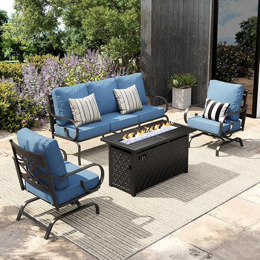 Sophia & William Patio Conversation Set for 5, 3-Seater Sofa, 2 Rocking Chairs and a 45" Fire Pit Table, Metal Outdoor Furniture with 5.75" Extra Thick Cushions, Navy