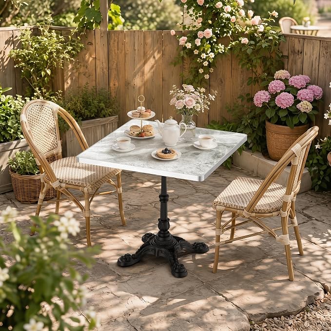 31.5" Outdoor Dining Table, Square Bistro Table w/Sintered Stone Tabletop | and Cast Iron Base, Weather Resistant Anti-Rust Small Bistro Table for 2-4 for Outdoor Garden Café Use (Silver Gray)